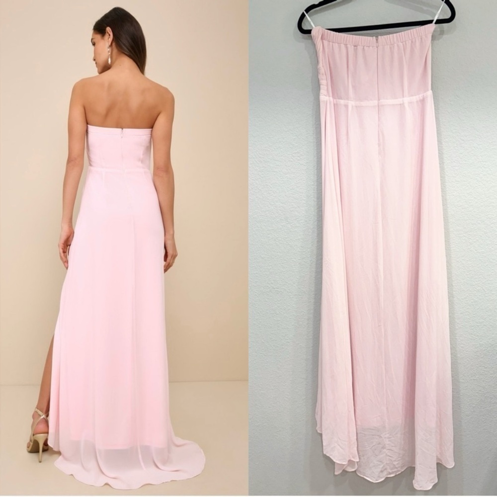 Sz M - NWOT Lulus Splendid Aura Light Pink Chiffon Pleated Strapless Maxi Dress - Picture 5 of 9